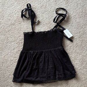 NWT Lucky Brand Black Smocked Camisole with Bow Straps Polka Dot Size Small